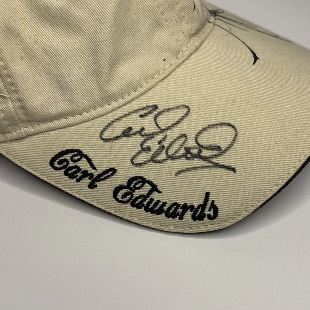 Carl Edwards Autographed NASCAR Baseball Cap Hat Beige Chase Fenway Racing 99